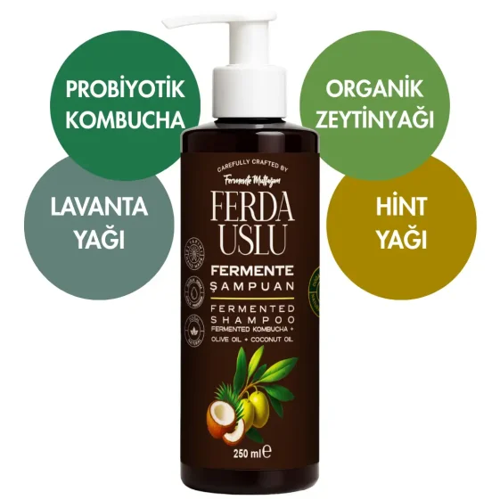 Kombucha Özlü Fermente Şampuan - Organik Zeytinyağı + Hindistan Cevizi Yağı + E Vitamini 250 ml - Fermente Mutfağım (1)